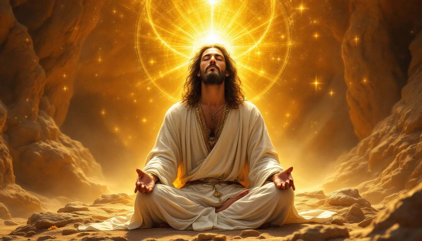 AI generated: beautiful jesus surrounded by divine light in a medieval style fantasy world in the desert  send on ...