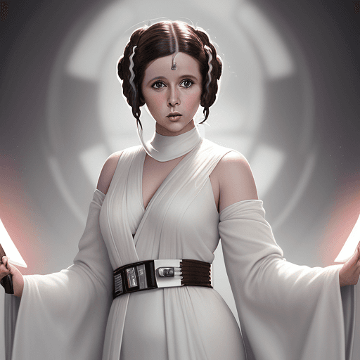 AI generated: masterpiece, a portrait picture of a princess Leia from Star Wars wearing classic white robes, centr...