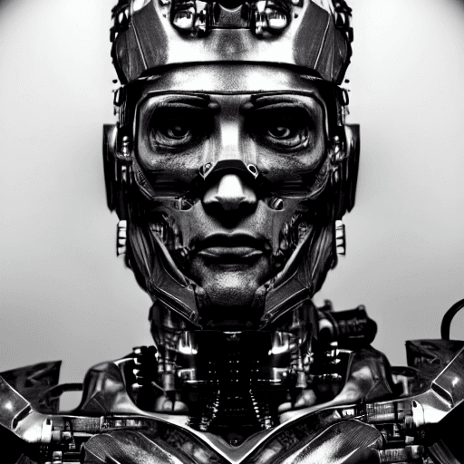 AI generated: half-mechanical cyborg male warrior, Portait, looking at camera, dark lighting, sci-fi, hollywood st...
