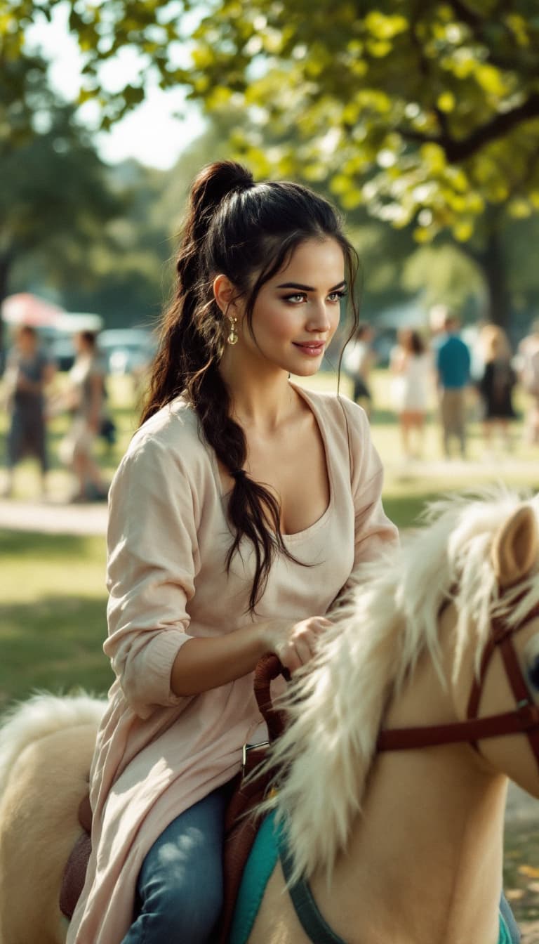 AI generated: Polarized photo , Jennifer Connelly,ponytail hairstyle, riding a toy horse at park