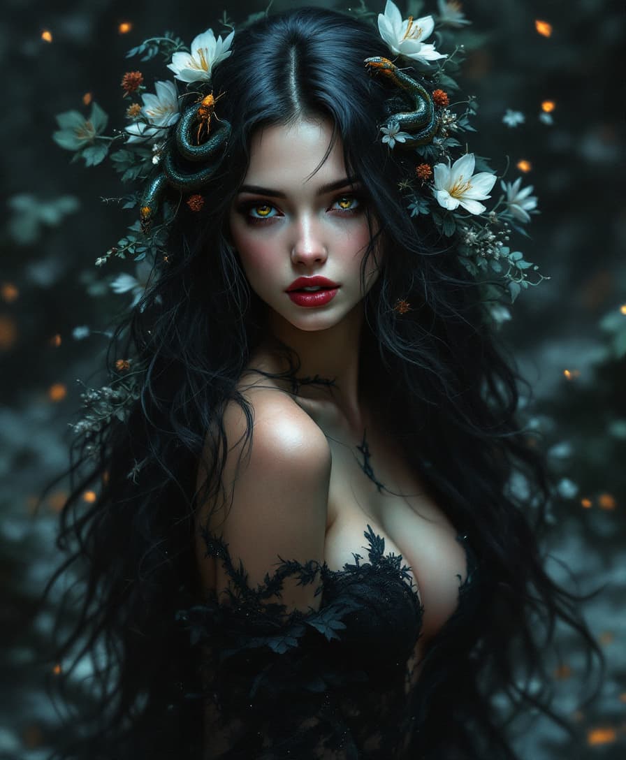 AI generated: contrast between dark and stunning atmosphere, a long-haired breathtaking woman with insects, flower...