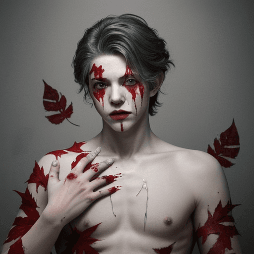 AI generated: Scary, 1boy, blood, hand prints, silver, red, piecing, mature, leaves
