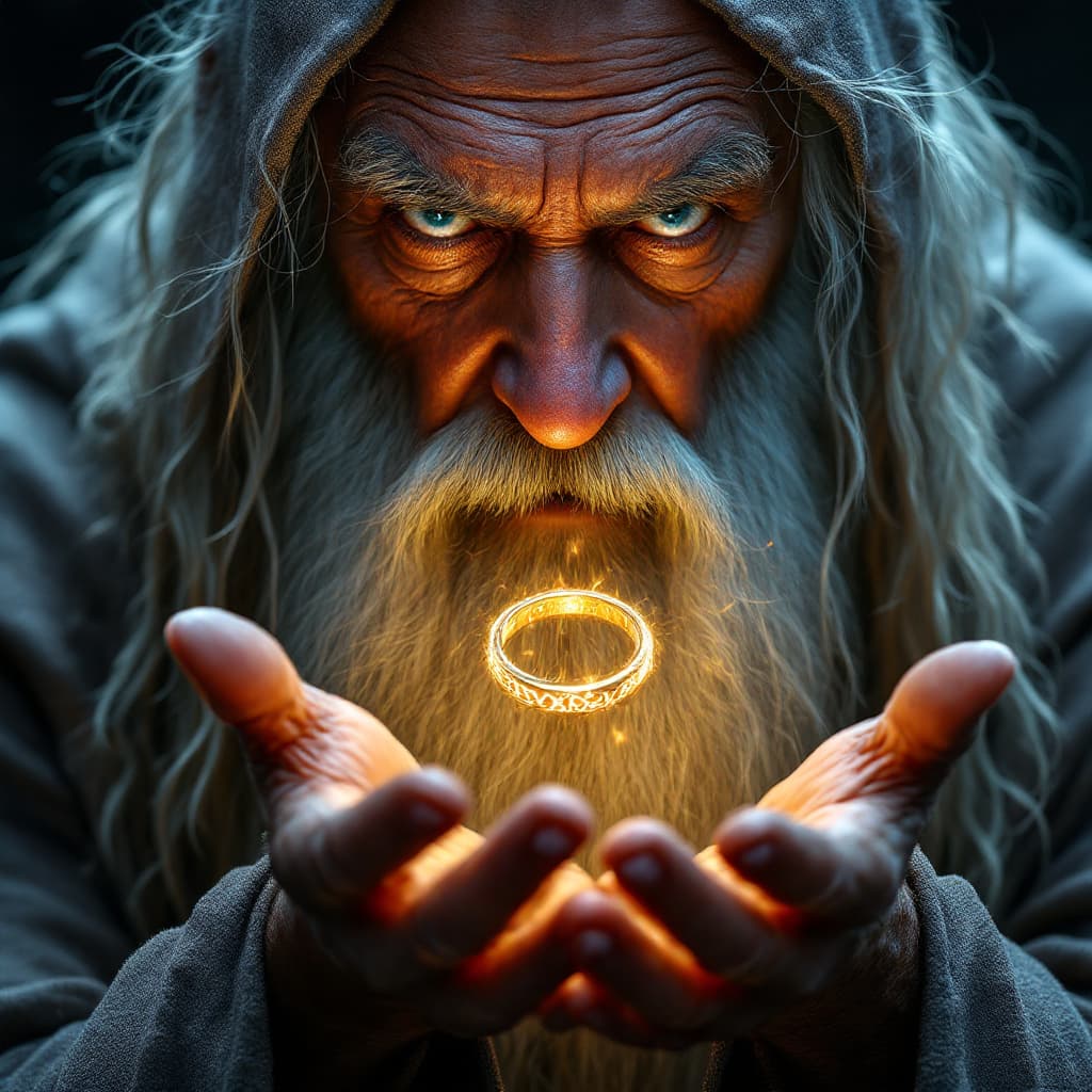 AI generated: A hyperrealistic close-up, half-figure portrait of Gandalf the Grey, his intense gaze focused downwa...