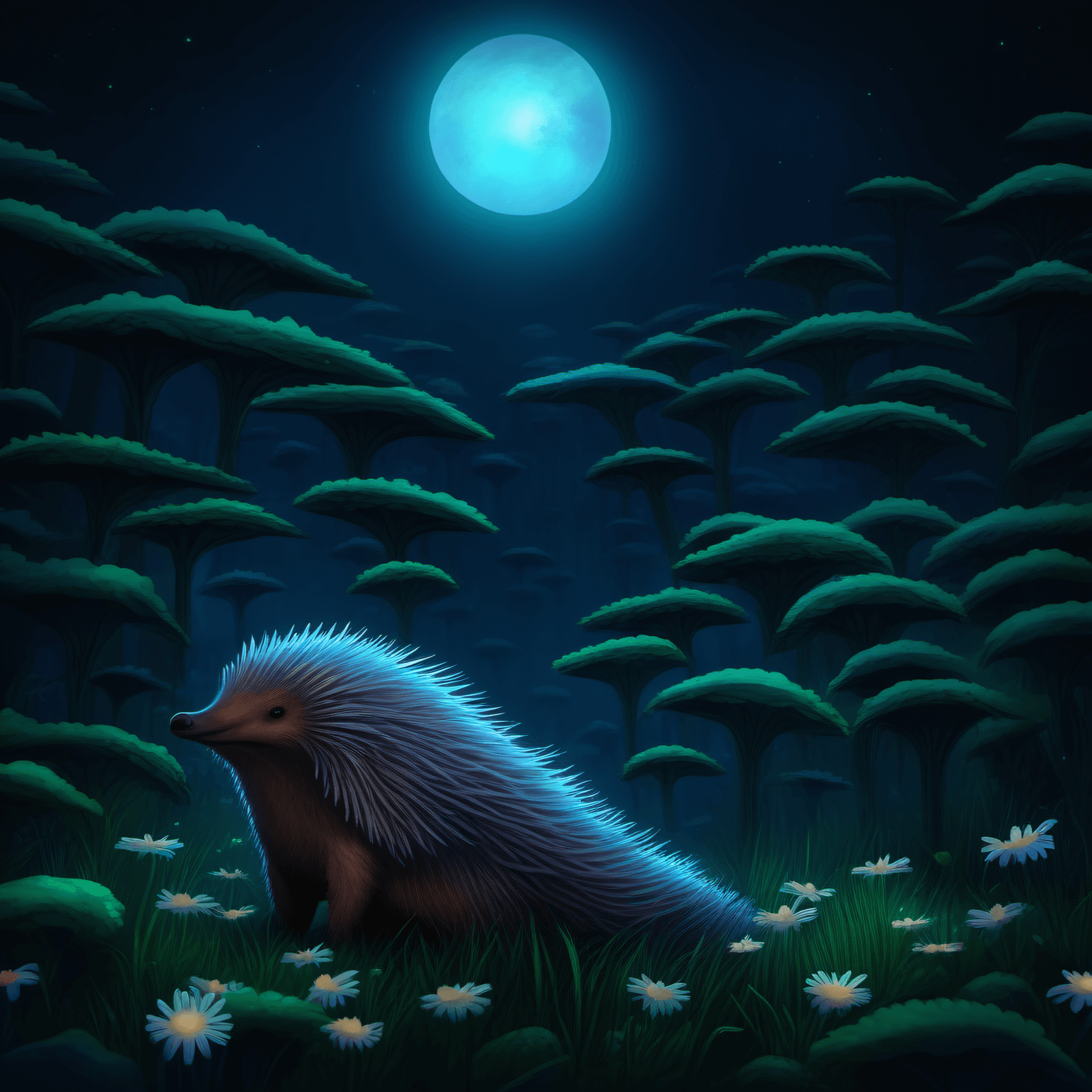 AI generated: A fantasy translucent echidna that is glowing, in a forest clearing surrounded by daisies and ferns,...