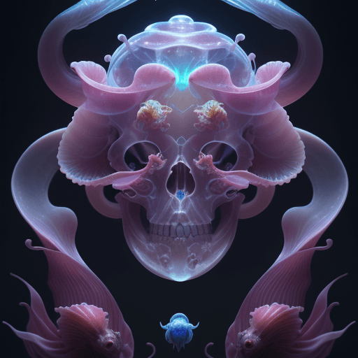 AI generated: Man close-up portrait ribcagel. jellyfish phoenix head, nautilus, orchid, skull, betta fish, biolumi...
