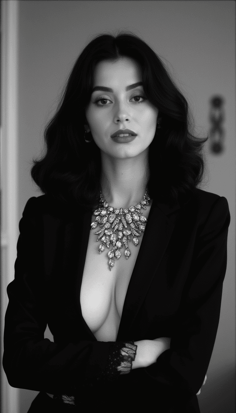 AI generated: A black and white photograph of a woman with long, dark hair cascading over her shoulders, wearing a...