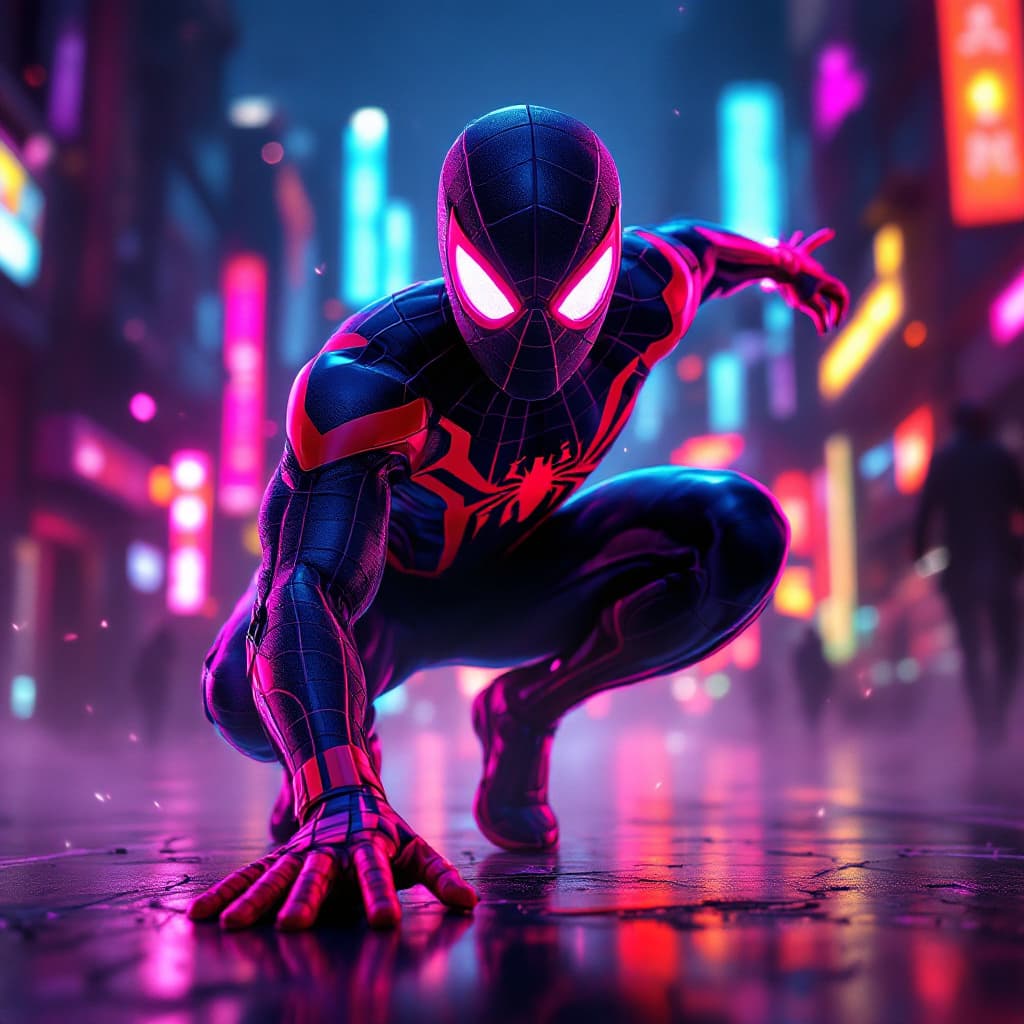 AI generated: Spider-Man in the style of Tron, with neon lights and a hyper-realistic, unreal engine-powered aesth...