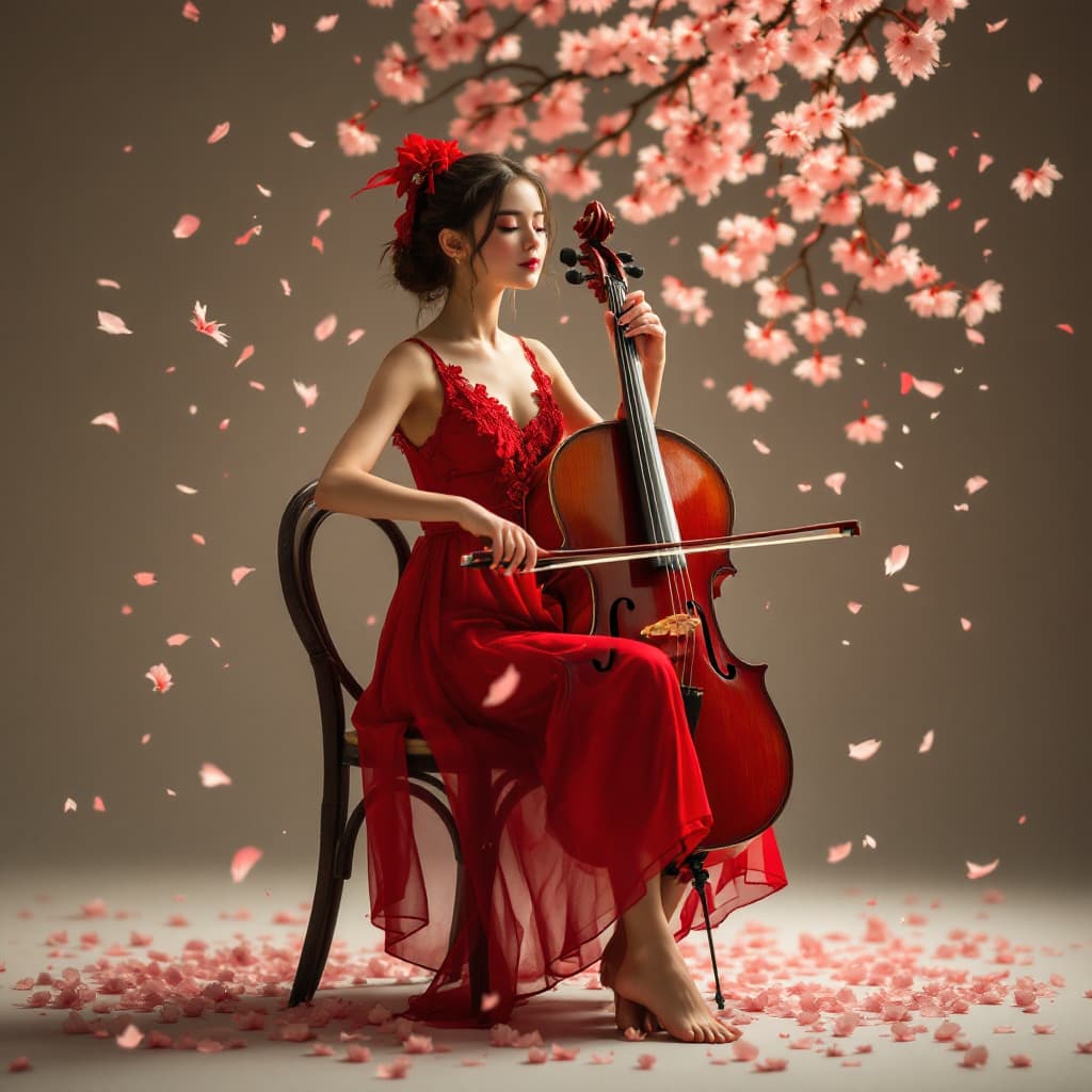 AI generated: Full body view of A girl in a red dress sits on a chair barefoot and plays the cello. Cherry blossom...