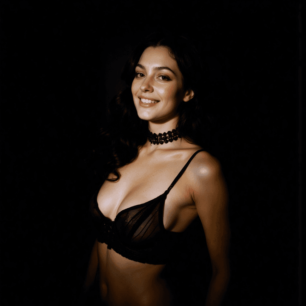 AI generated:  (woman:1.1) with (dark:1.2) wavy hair is totally in a completely (dark:1.1) open room with the (onl...