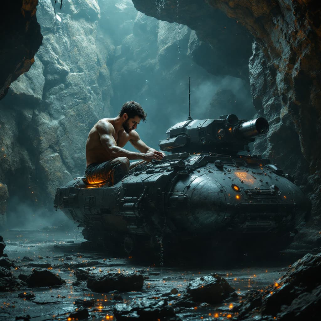 AI generated: a man sits in a small knee-length tank, hyper realism, high detail, 8k