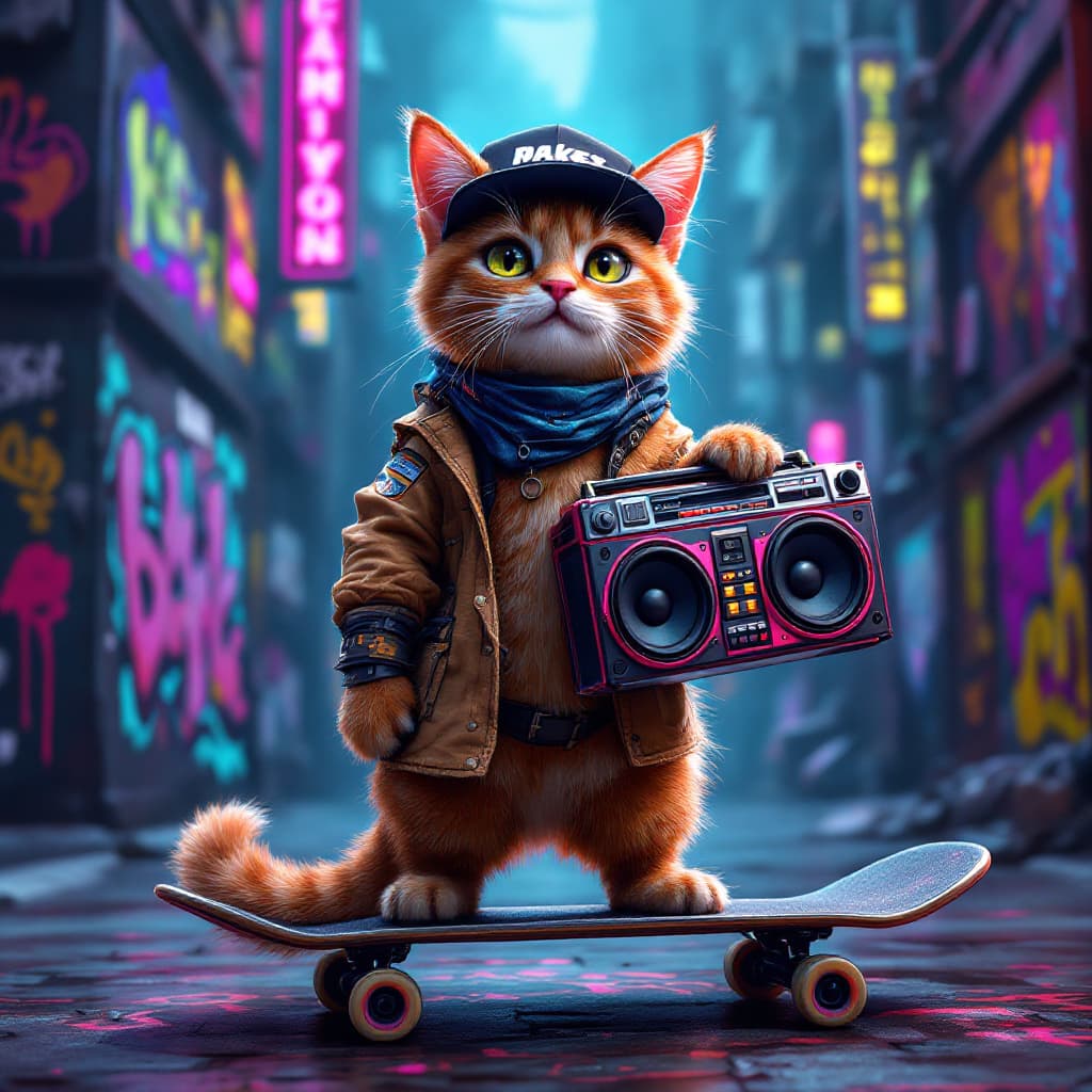 AI generated: Cyberpunk style, a cat standing on a skateboard, wearing a backwards baseball cap and holding a boom...