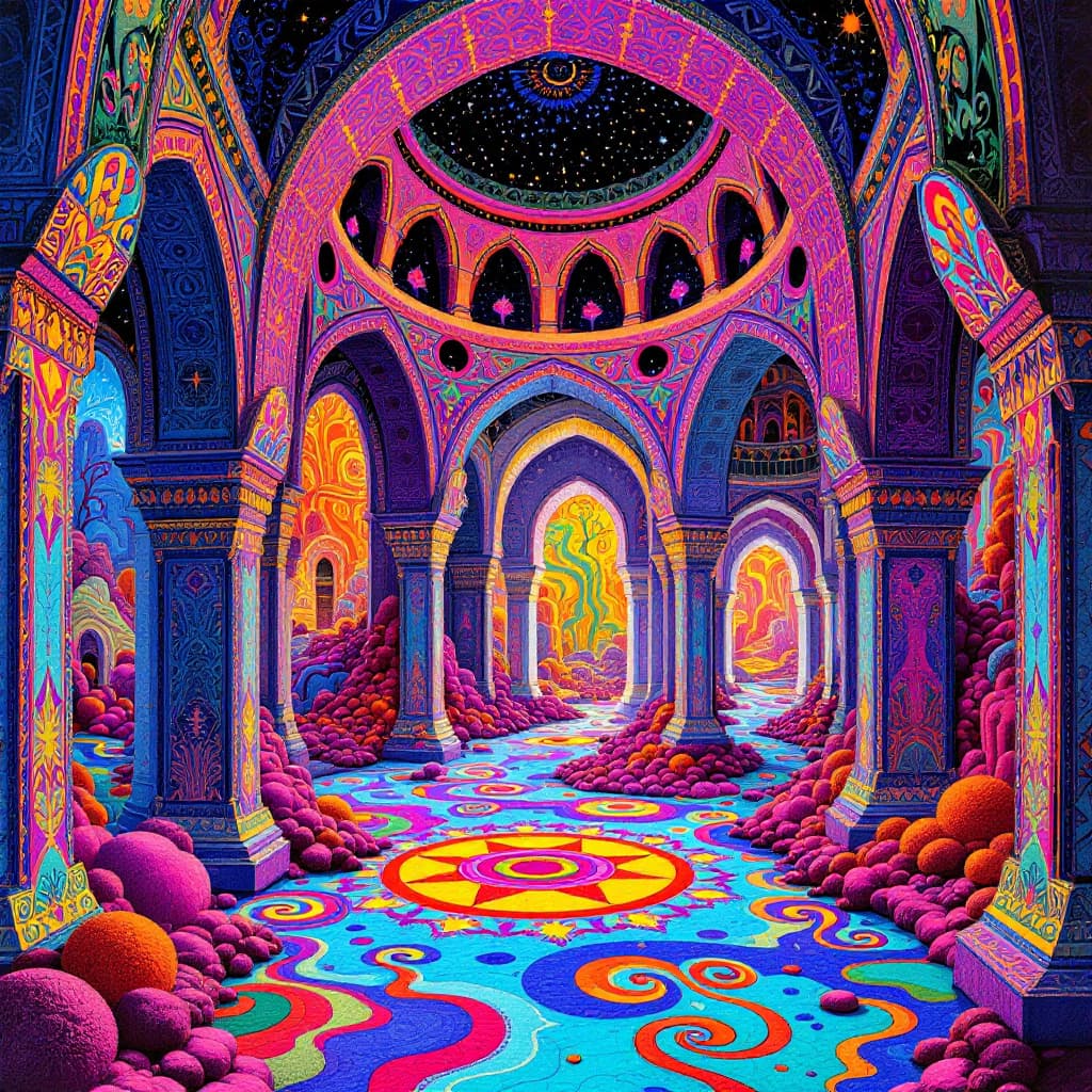 AI generated: iran , shiraz ,Year 1977, tomb of hafeziyeh , in the style of intricate psychedelic landscapes, long...