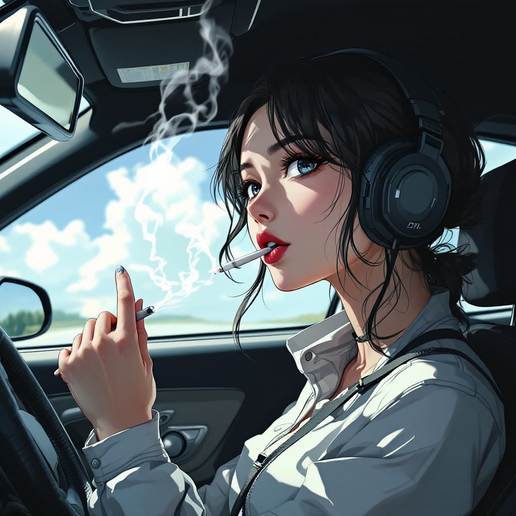 AI generated: a female  woman driving a sport car ,smoking cigarettes anime style.