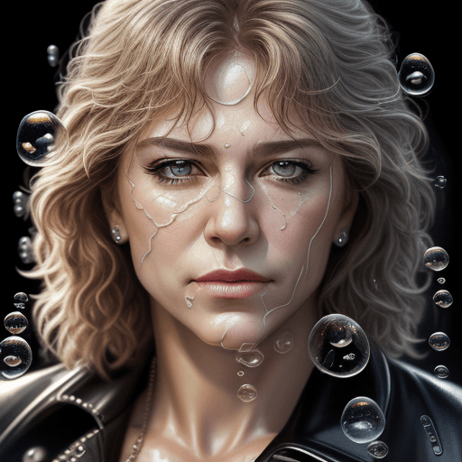 AI generated: pensive face made entirely of oil bubbles, Bon Jovi's thinger face, the face slowly fades, detailed ...