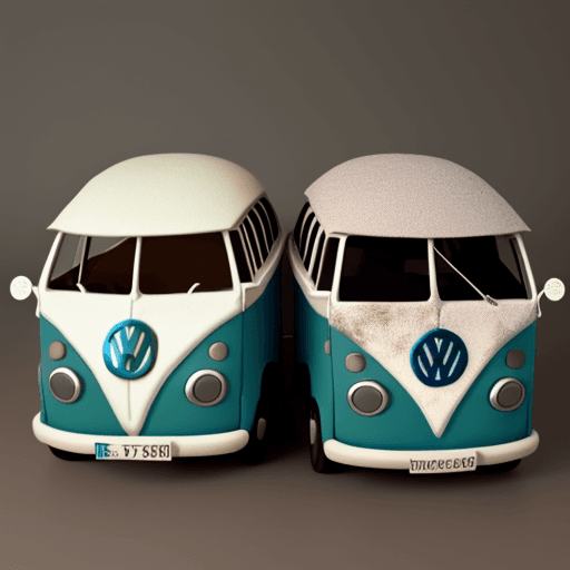 AI generated: two old volkswagen bullis, made of cake, with mouths, kissing each other