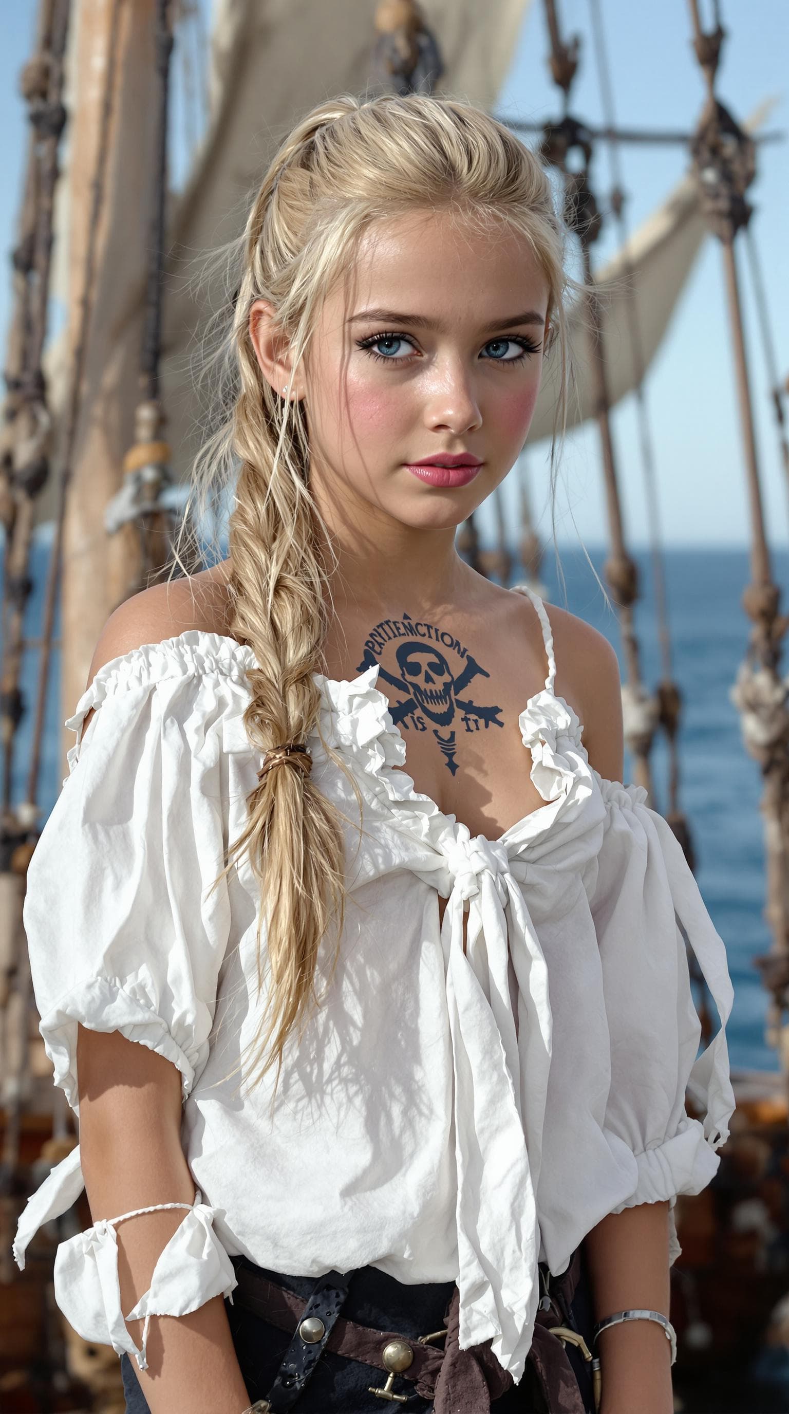 AI generated: a professional photo of a exceptionally beautiful girl aboard pirate ship at sea (age 11), (eleven y...