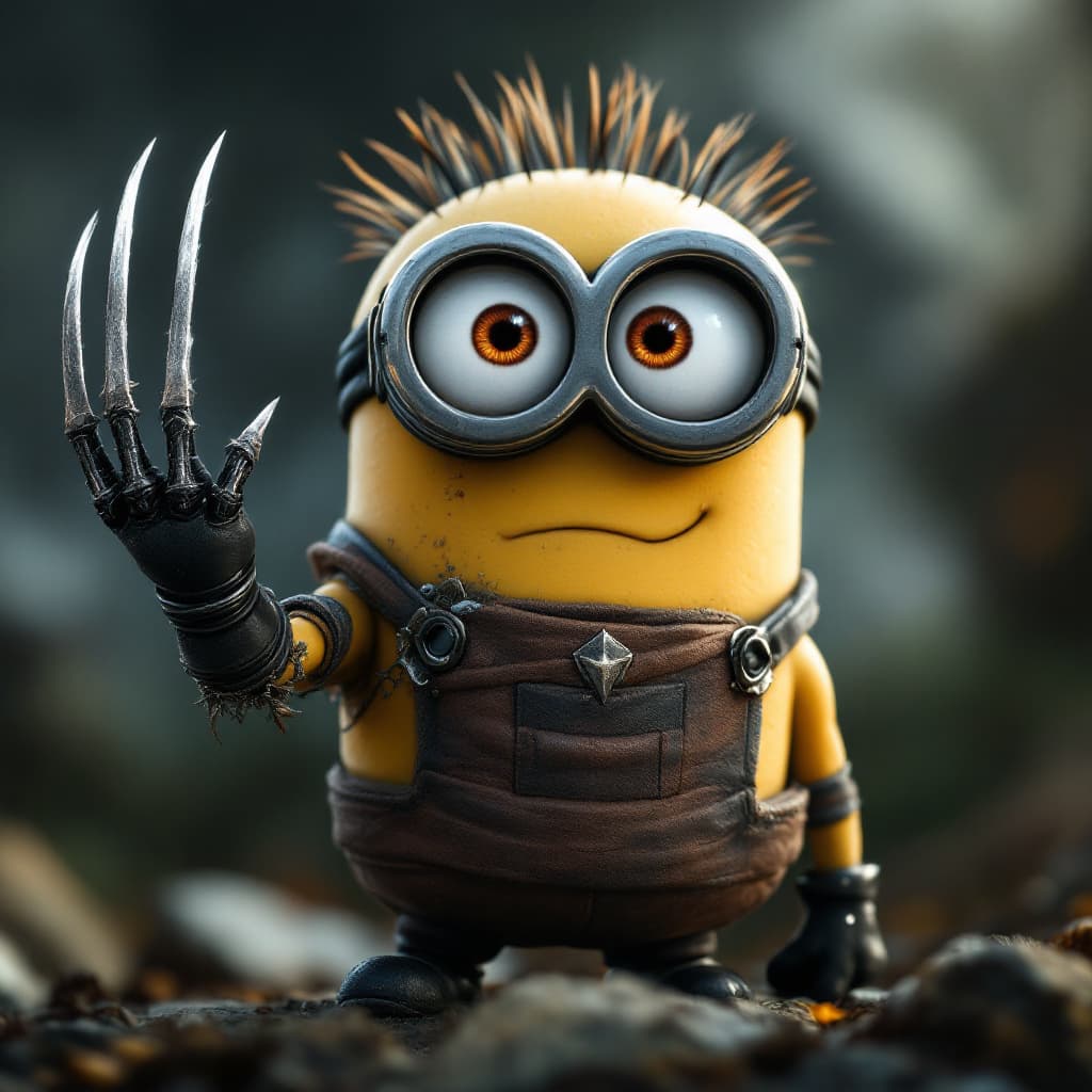 AI generated: a realistic minion with the wolwerine's adamantium hand