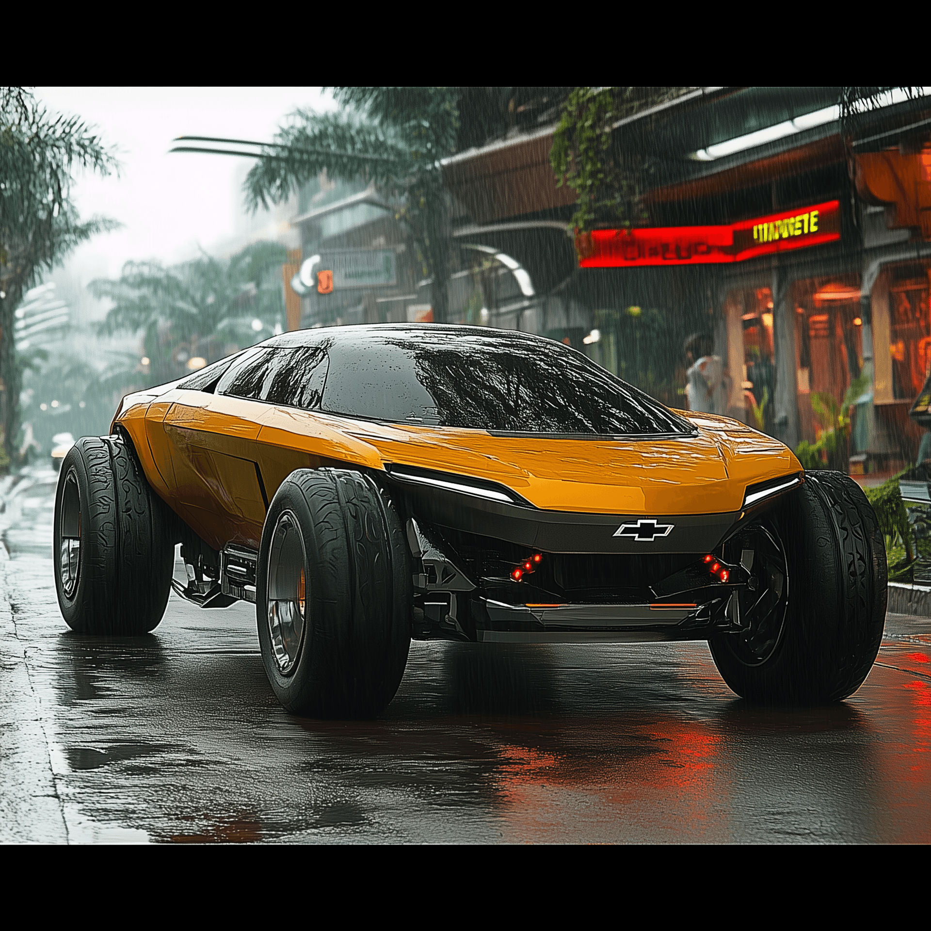 AI generated:  Silverado, chevy, pickup, truck, Cyberpunk 2077, concept, future, wide angle shot --chaos 45 --styl...