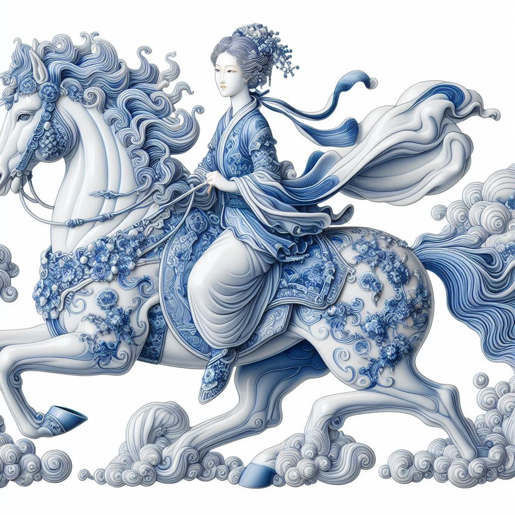 AI generated: a woman riding a horse made out of porcelain, in the style of balanced symmetry, white and blue, det...