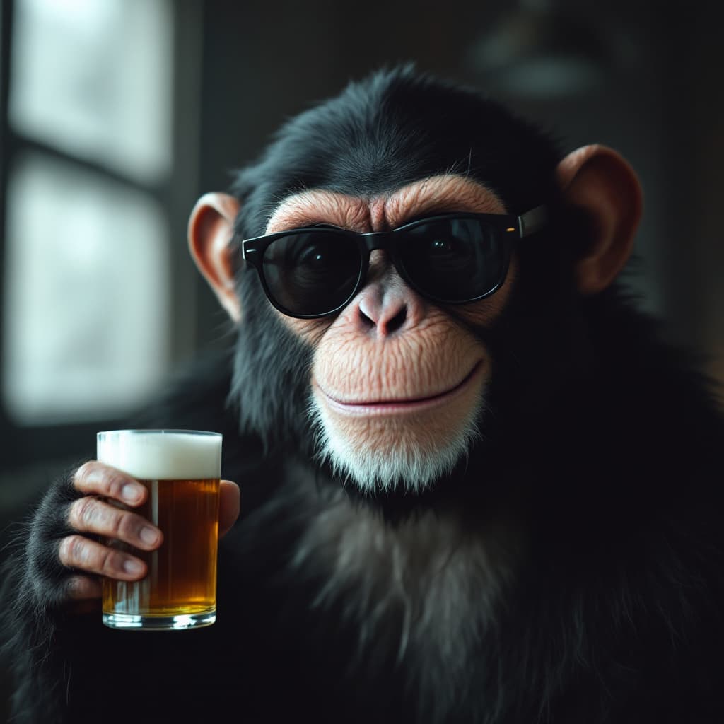 AI generated: A smiley monkey with dark glasses and a beer in hand pointing towards the camera