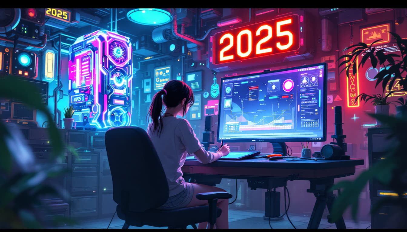 AI generated: In 2025, an artist girl in a cyberpunk space, sitting at a computer desk holding a digital pen, with...
