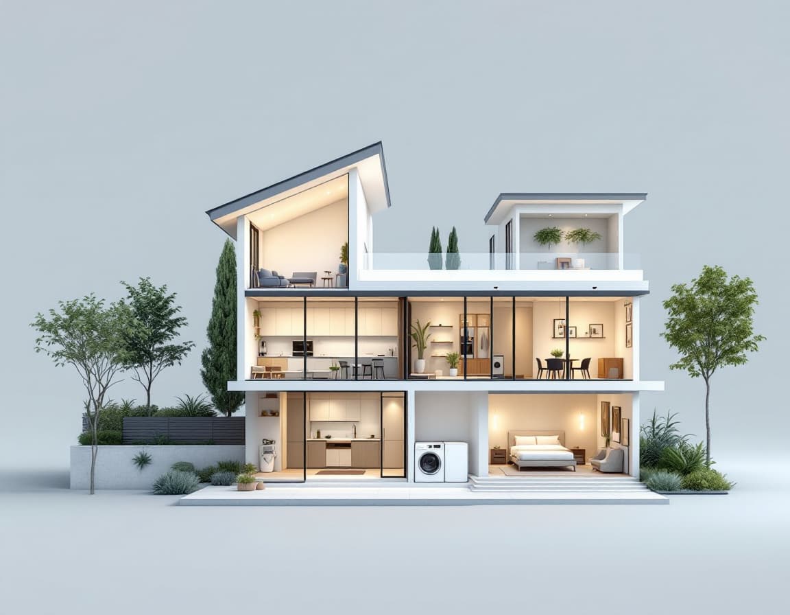 AI generated: A minimalist and modern cross-section of a house, shown in a front-facing view. The house must inclu...