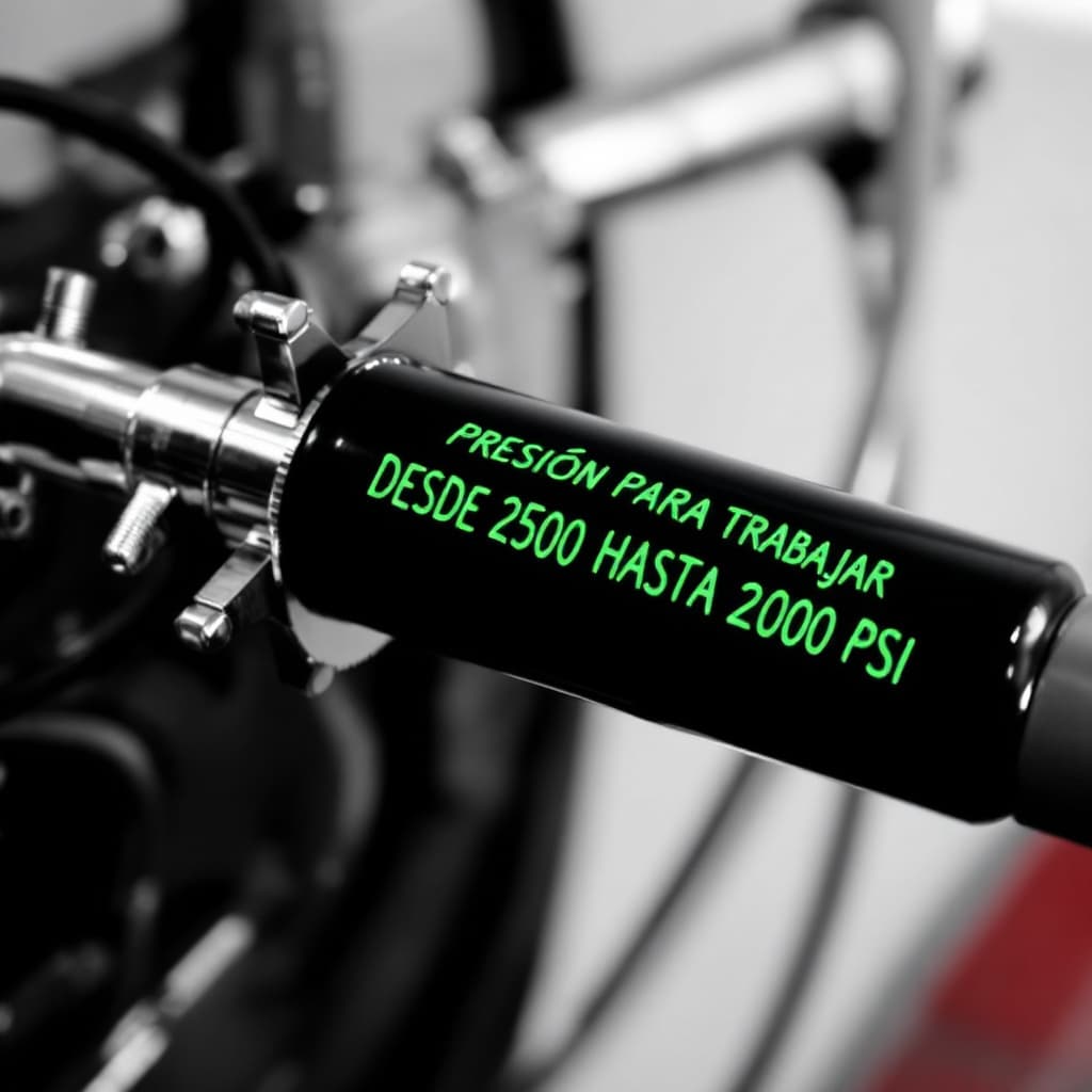 AI generated: ESCRIBIR    "PRESIÓN PARA TRABAJAR DESDE 2500 HASTA 4000 PSI ".ADENTRO EN UN OVOIDE COLOR BIOLUMINIS...