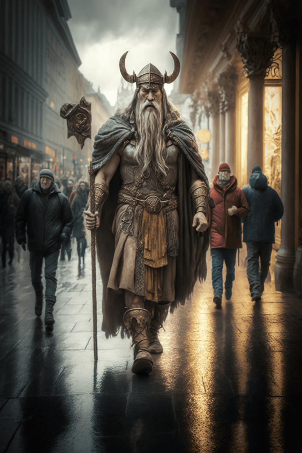 AI generated: ODIN god walking in European city with actual people around him cinematic, ultraphotorealistic, HDR,...