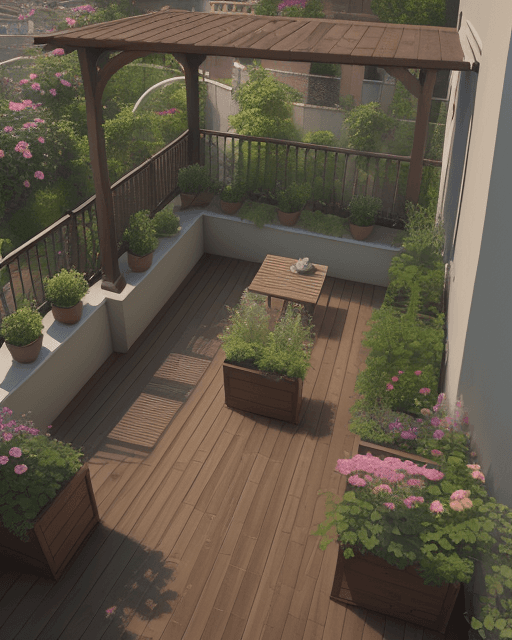 AI generated: Garden 1 meter long by 1 meter wide located on a balcony with a 1 meter parapet and with brown woode...