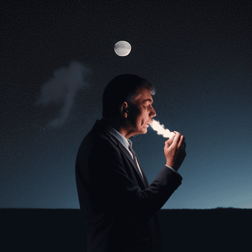 AI generated: super realista hombre de 46 años fumando mirando hacia la luna triste al ver las estrellas 8k real 