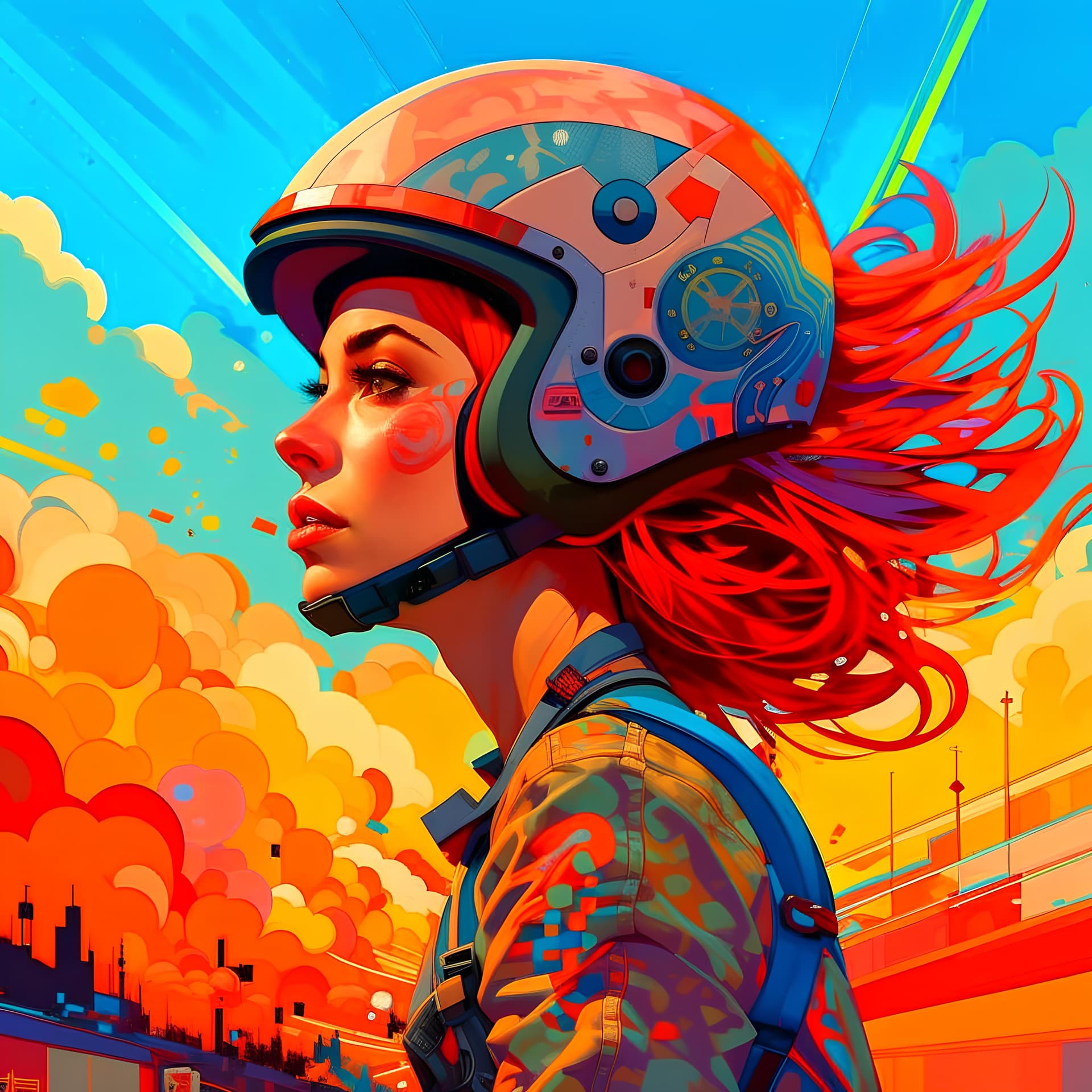 AI generated: a woman wearing a helmet, digital art, inspired by Eiichiro Oda, pixiv, digital art, madison beer as...