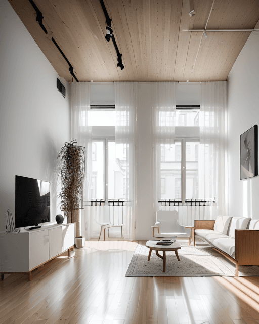 AI generated: High resolution photography of modern apartment interior with wooden floor finishes and white painte...