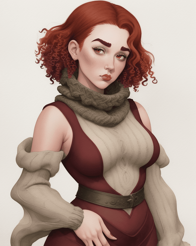 AI generated: Watercolor painting on parchment, a woman wearing large knitted cowl dress, short red curly hair, th...