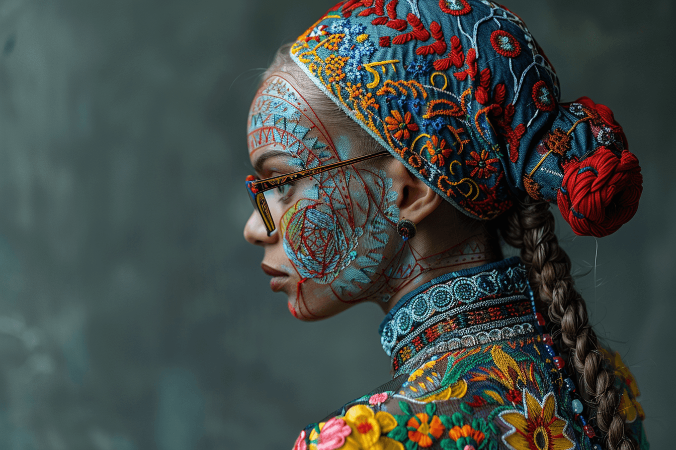 AI generated: the whole face and back are permeated with painful threads in the style of Ukrainian national embroi...