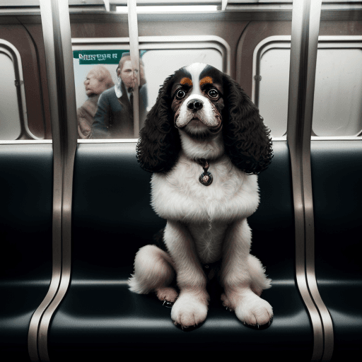 AI generated: Russian spaniel dog going to work in Moscow subway, realistic, dog in office clothes, black and whit...