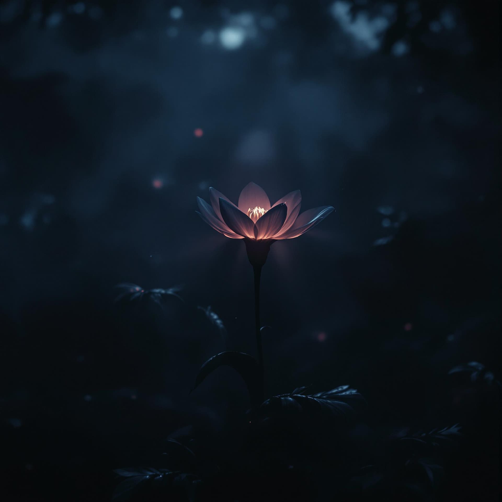 AI generated: A dark, moody shot of the flowers from Tamayubo’s garden. The camera slowly zooms in on a single flo...