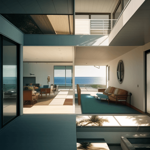 AI generated: Hyper realistic eye level exterior photo of a mid century modern style house overlooking the ocean, ...
