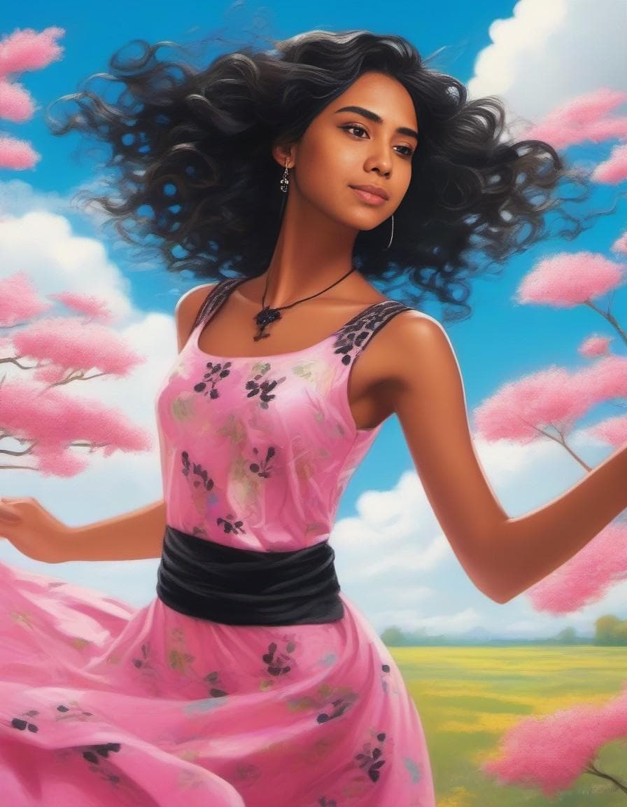 AI generated: a young girl with curly blonde hair and bright blue eyes, wearing a flowy pink silk dress, is dancin...