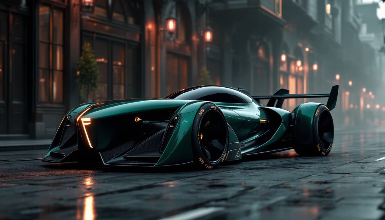 AI generated: Futuristic 3D 4K Large Widebody, flat black green paint, a futuristic 3D racecar with a long body, f...