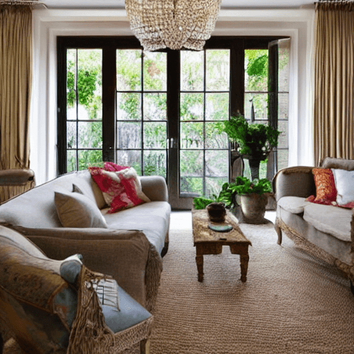 AI generated: living room with French windows opening onto the garden, Provençal style sideboard, plants, jute car...