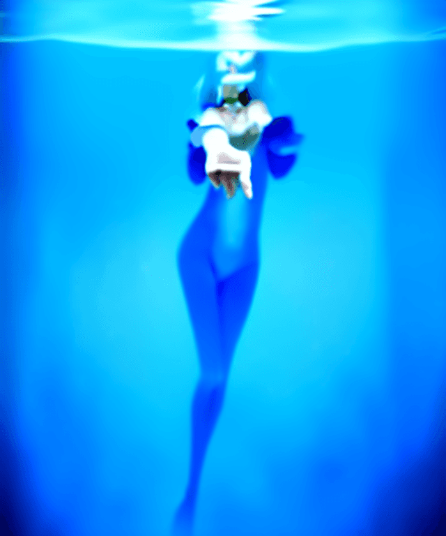 AI generated: alice floating horizontally under water.
realistic, not creepy
 arm pointing towards the surface