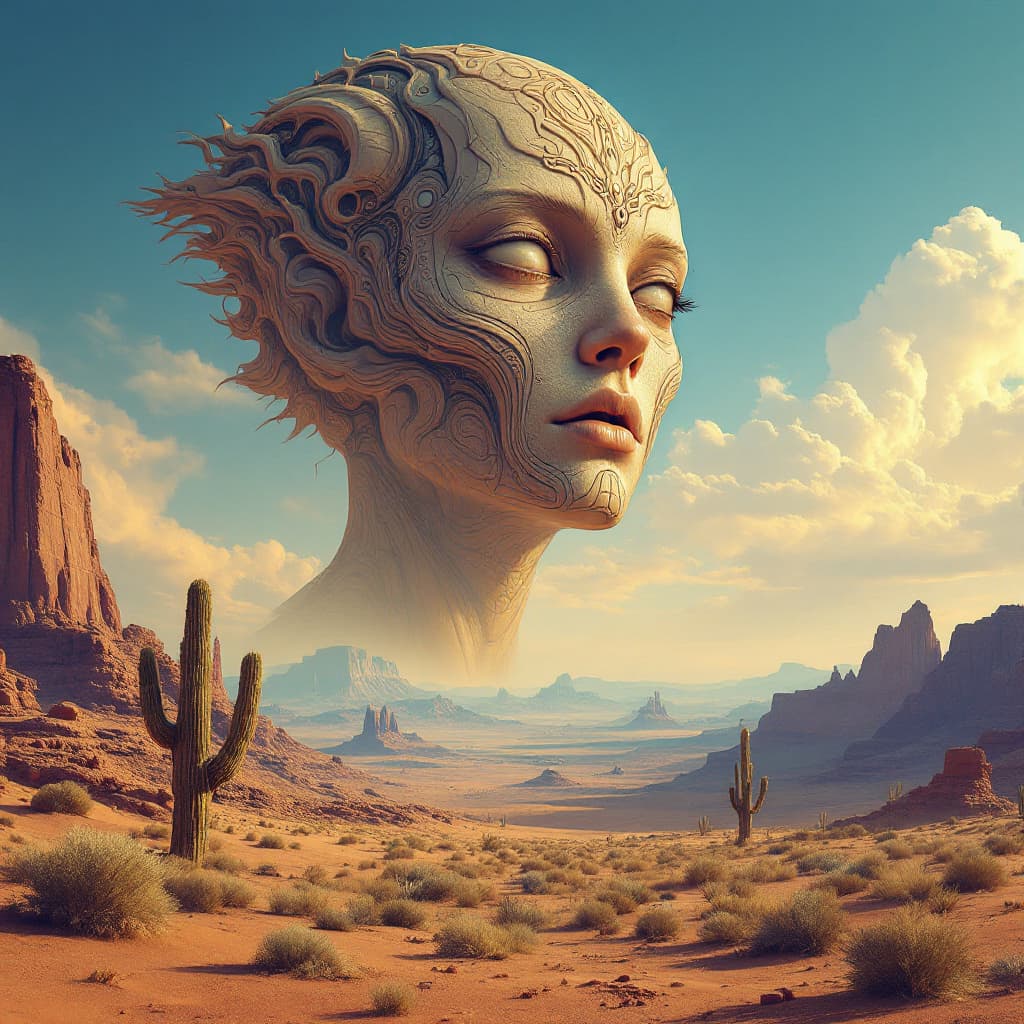 AI generated: large humanoid face with detailed and complex facial in the desert, a fantasy landscape in the style...
