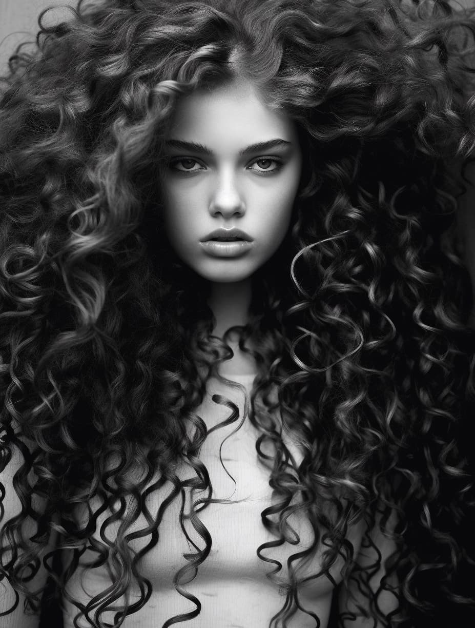 AI generated: a black and white photo of a woman , i-d magazine, hair floating covering chest, she is about 1 6 ye...