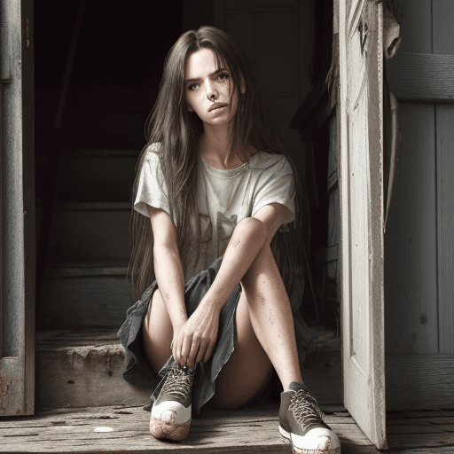 AI generated: 
photograph of a woman, long messy brunette hair, looking away from the viewer, sitting on a step in...