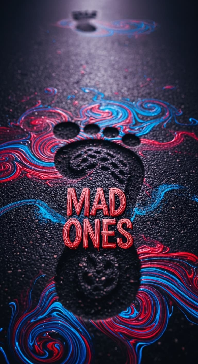AI generated: Macroview of a footprint on a haunted road filled by blue and red spiral brushstrokes,typography "ma...
