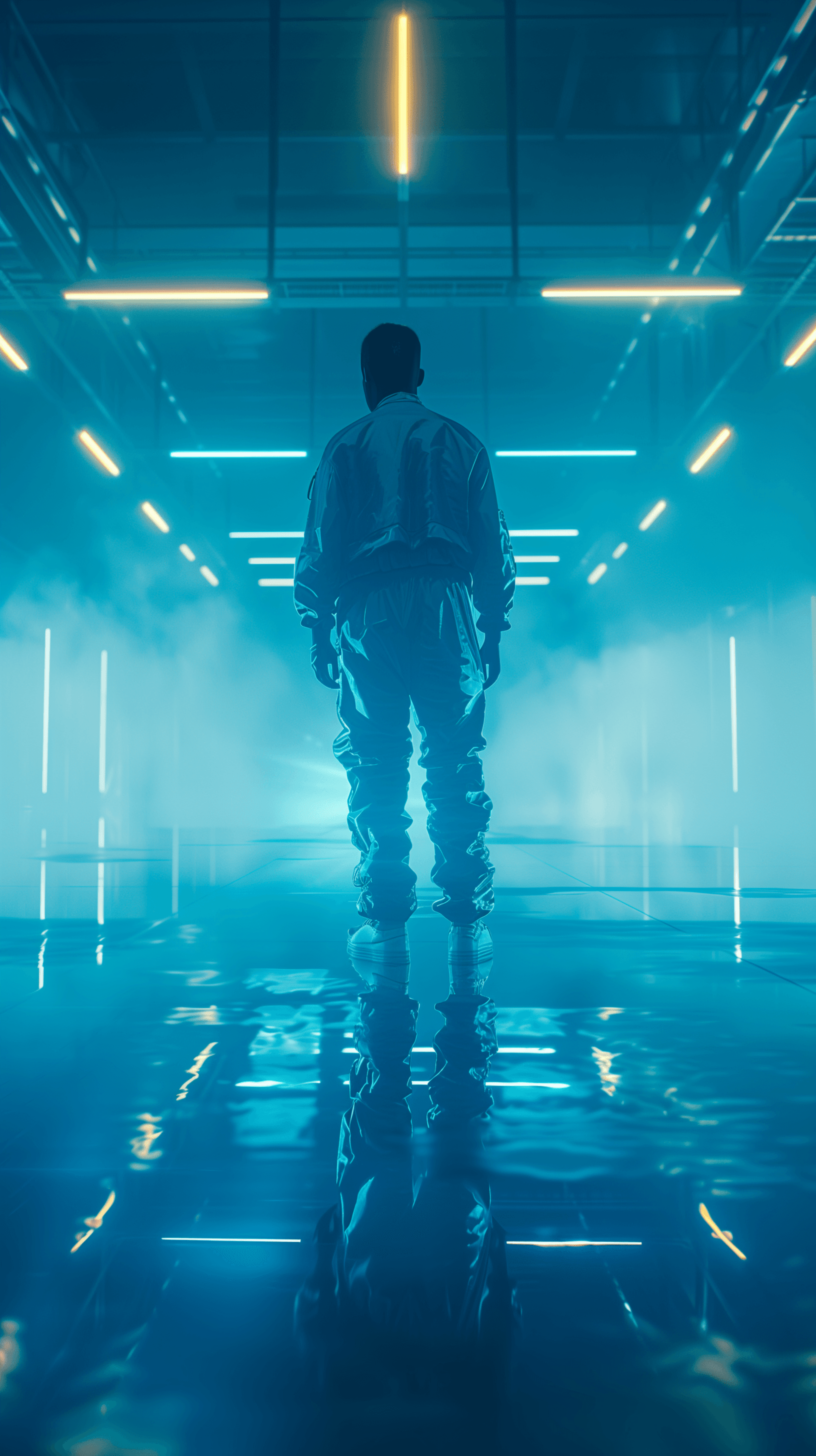AI generated: figure dressed in futuristic attire stands in a fully illuminated deep blue room, professional young...