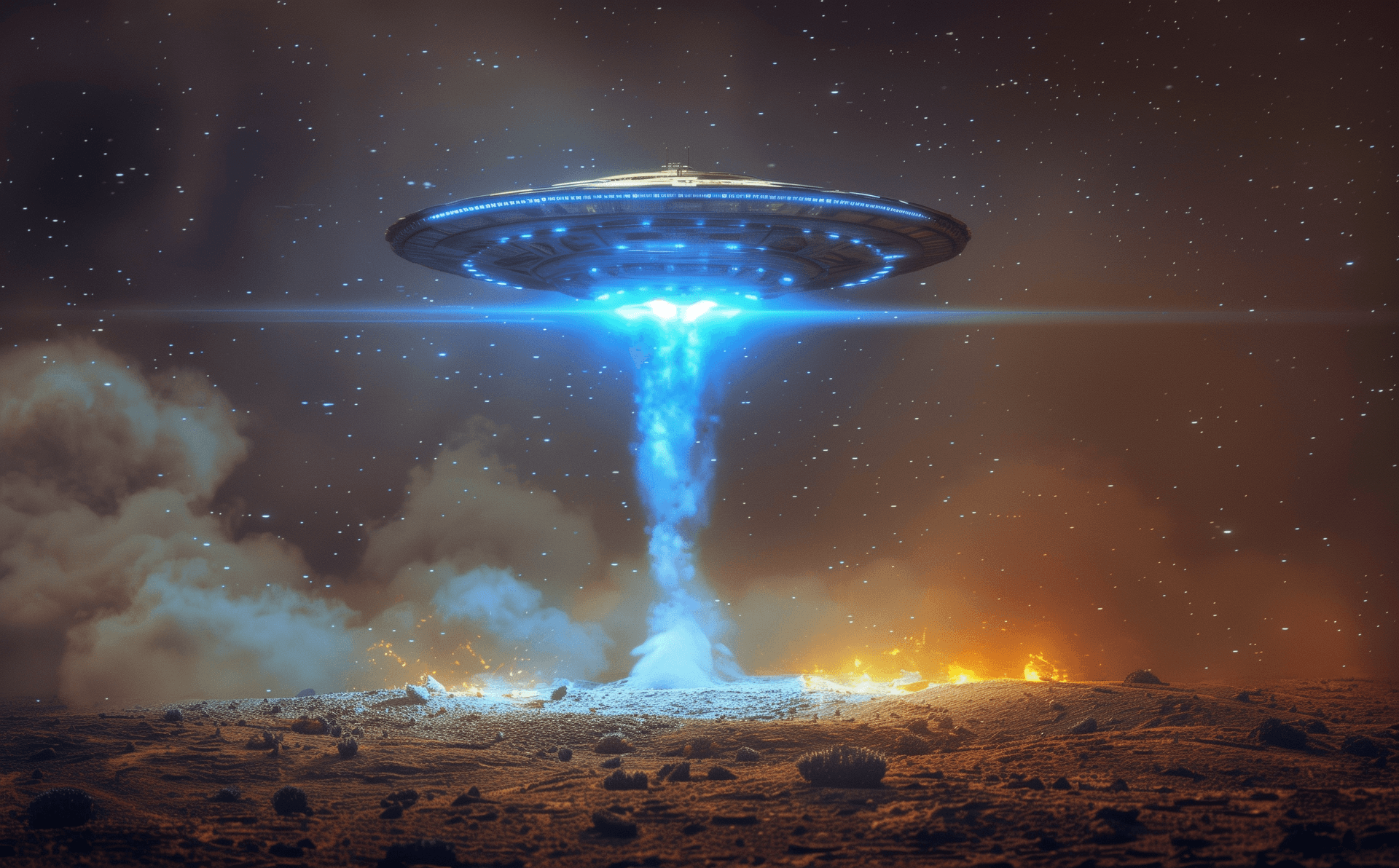AI generated: A UFO emerging from the ground, with an aura of blue light emanating around it. The alien ship is ho...