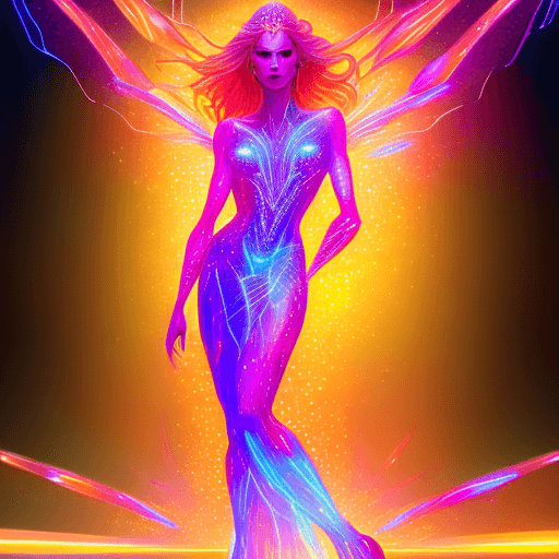 AI generated: Incredible angle view of a beautiful full body translucent driada enchantress, bright color, points ...