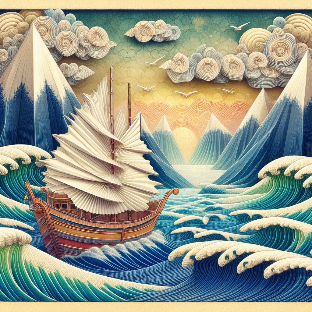 AI generated: japanese fisher boat as Origami, paper quilting, background  coast painted on rice-paper in classic ...