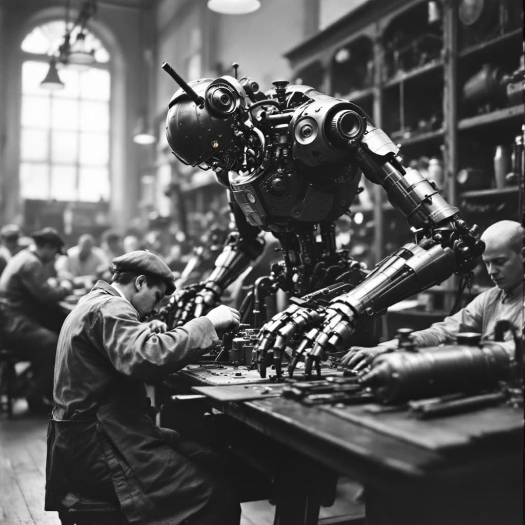 AI generated: old fashioned 1920 black and white photo of factory workers making a complicated fighting robot --v ...